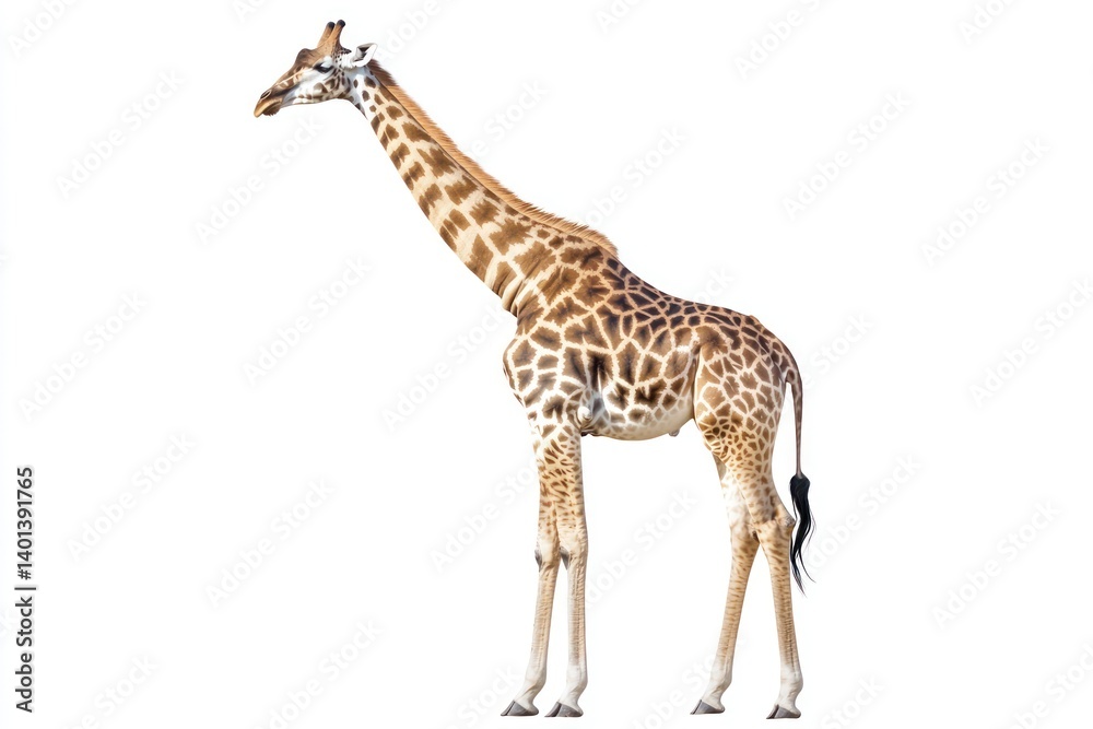 Naklejka premium A graceful giraffe standing in isolation, set against a stark white background, showcasing its towering beauty.