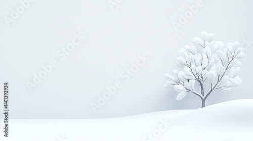 A solitary white tree stands amidst a snowfield, its branches reaching towards the azure sky in the distance The background is punctuated by a pristine white wall, creating a