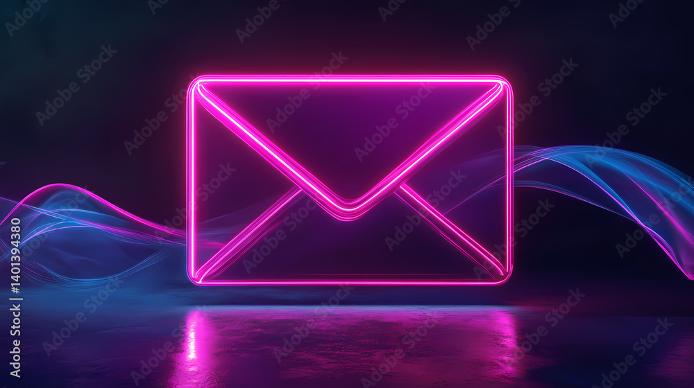 Neon style envelope icon glowing on sleek surface with circular wave patterns in dark ambient light. Luminous Chainmail. Illustration Neon style envelope icon glowing on sleek surface with circular wave patterns in dark ambient light. Luminous Chainmail. Illustration
