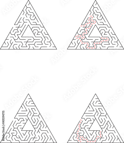 Triangular Maze Puzzle Solution Steps, Pathfinding, Geometry, Logic Game