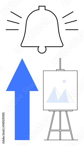 Bell with notification lines, blue arrow pointing up, and artboard with mountain graphics on easel. Ideal for growth, progress, success, creativity, awareness goals motivation. Flat simple metaphor