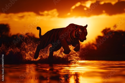 Silhouette of a tiger leaping through water at sunset with a golden and orange sky behind it