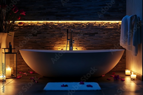 Luxury Spa Bathroom with Freestanding Bathtub, Elegant Lighting, and Modern Design. photo