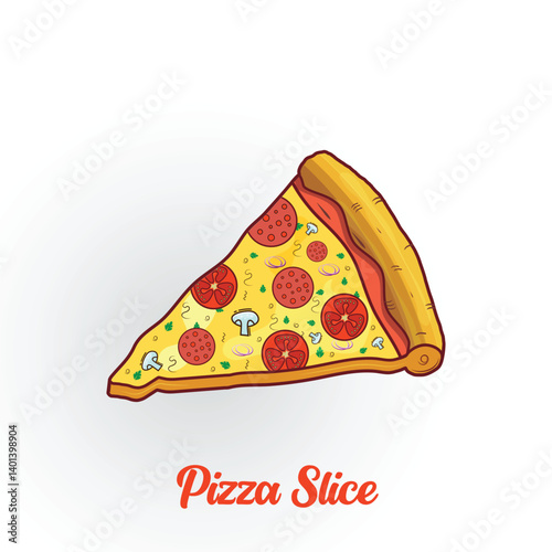 Slice of Cheese Pepperoni Pizza illustration isolated on white background. pizza slice with tomato, mushrooms, basil leaf, and melted cheese for pizzeria package and menu designs. Flat Vector