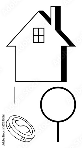 House outline, magnifying glass, falling coin showing real estate, investment, search, finance, affordability, mortgage inquiry. Ideal for housing market analysis property management
