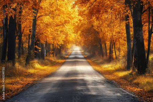 Tree-lined road showcasing vibrant fall foliage.
