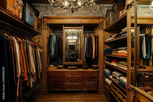Luxury Walk-in Closet with Wooden Shelves, Stylish Storage, and Elegant Design. photo