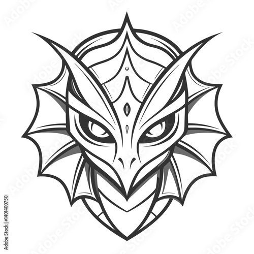 Dragon Mask Design Monochrome, Mythical Creature, Fierce, Tribal, Artistic