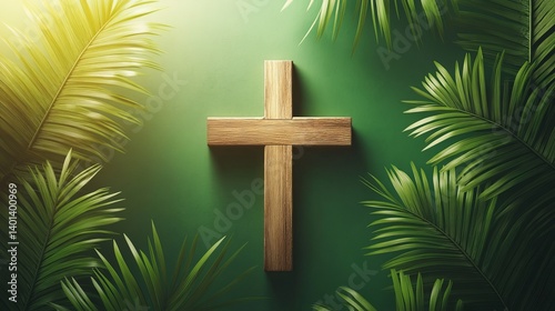 Wooden cross on green background surrounded by palm leaves for palm sunday celebration art photo