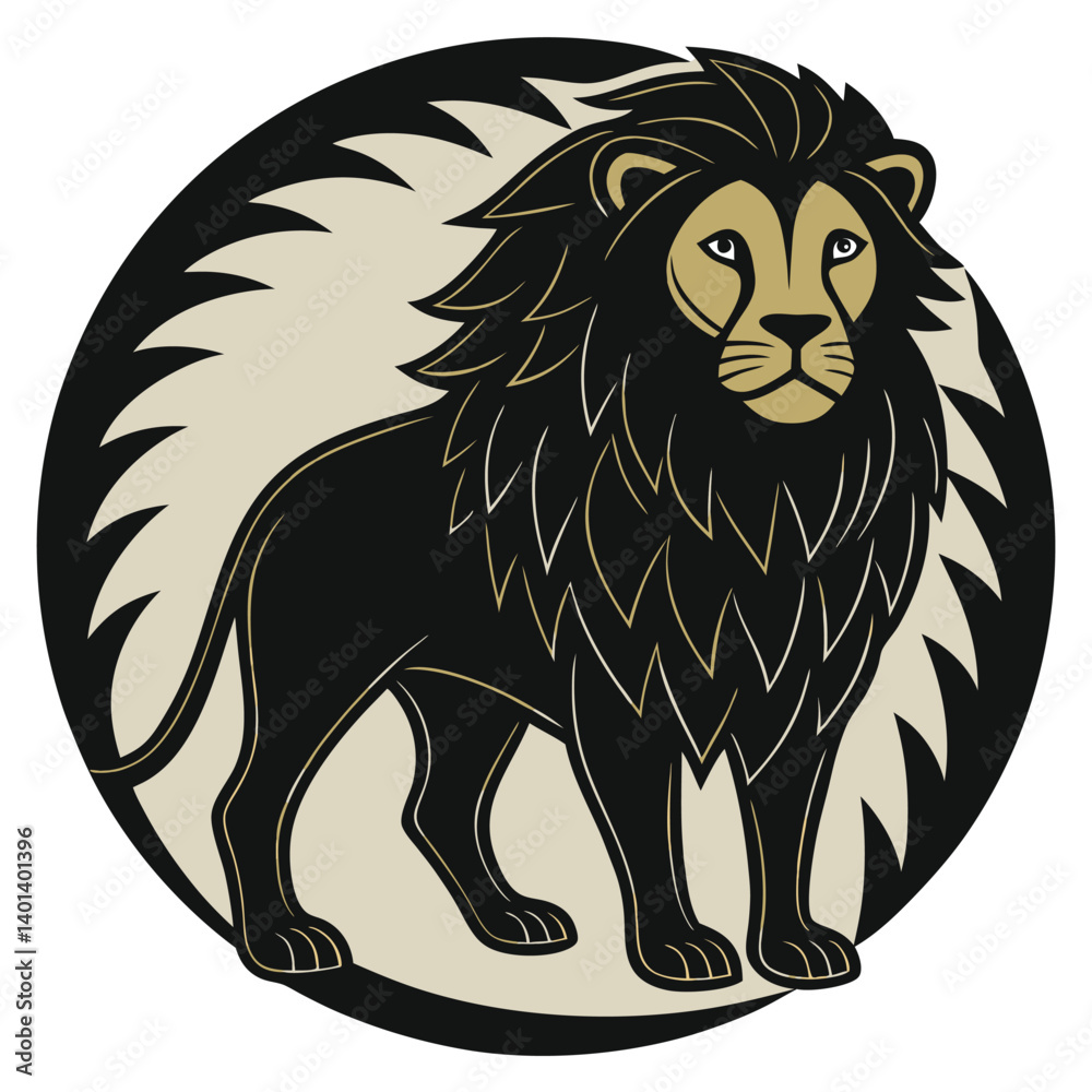 Obraz premium Majestic Black Lion, Wild Animal, Circle Design, Graphic Art, Vector Illustration