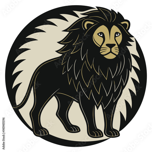 Majestic Black Lion, Wild Animal, Circle Design, Graphic Art, Vector Illustration