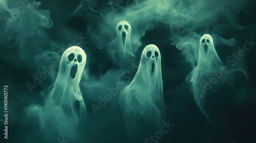 A scary ghostly mist pattern with eerie, transparent spirits floating in the night. Ghostly Patterns. Illustration