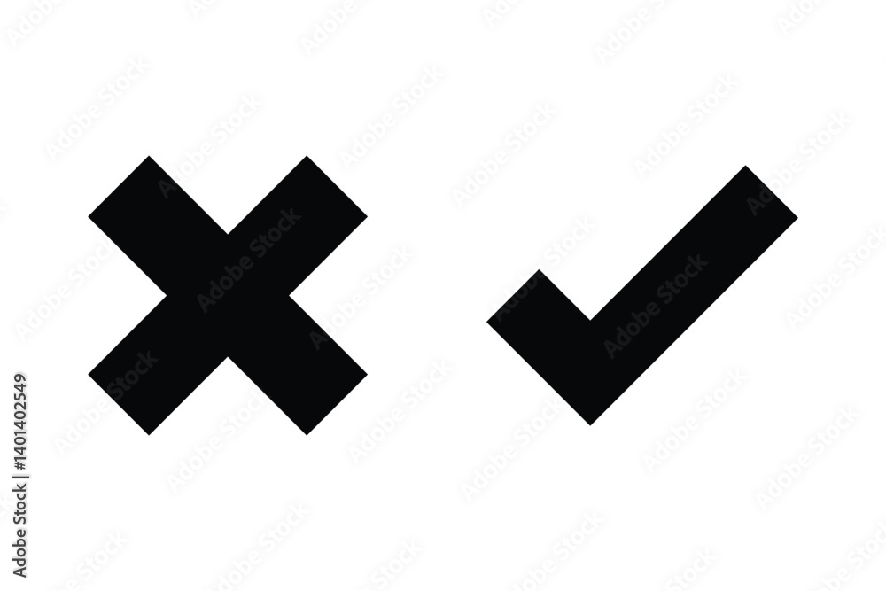 Green check mark and red cross icon set. Circle and square. Tick symbol in green color, vector illustrati Green check mark and red cross icon set. Circle and square. Tick symbol in green color, vector illustrati