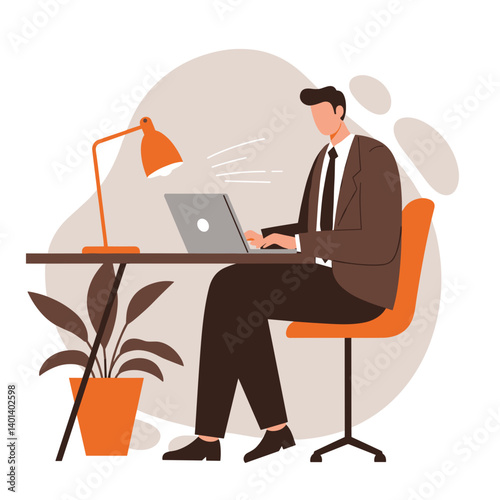 Businessman working on laptop at desk with plants in modern office  