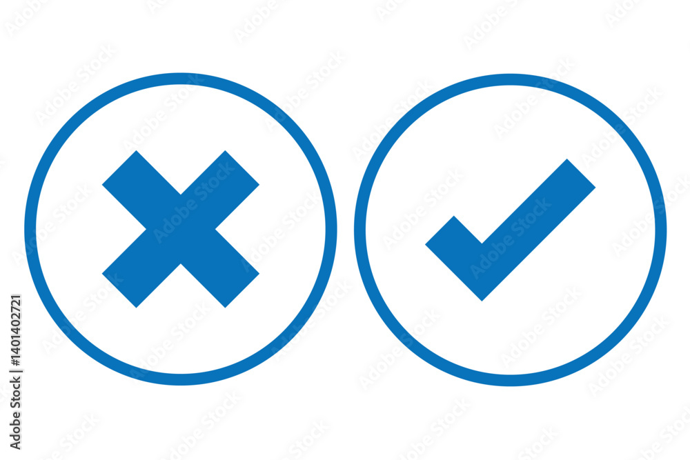 Green check mark and red cross icon set. Circle and square. Tick symbol in green color, vector illustrati Green check mark and red cross icon set. Circle and square. Tick symbol in green color, vector illustrati