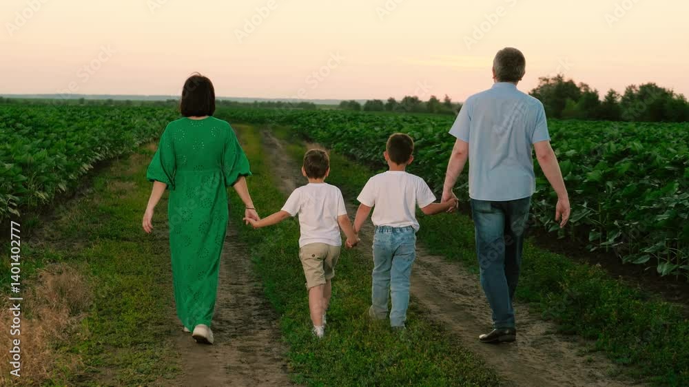 Mother father and sons stroll through plantation in evening. Sons spend time with mother and father on weekend after sunset. Father mother and children walk around vegetable garden on vocation Mother father and sons stroll through plantation in evening. Sons spend time with mother and father on weekend after sunset. Father mother and children walk around vegetable garden on vocation
