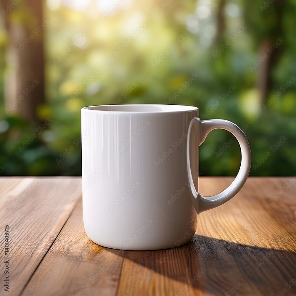 White coffee mug on wooden table with sunlit forest background White coffee mug on wooden table with sunlit forest background