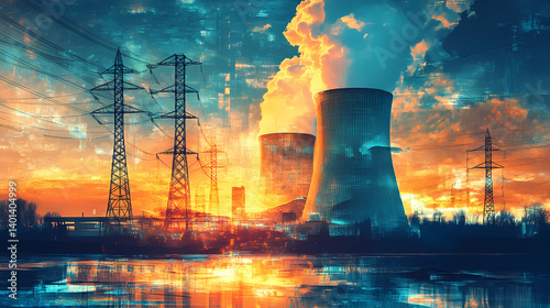 Cutting edge nuclear energy technology powering sustainable electricity production and diverse industrial applications. Neutron Edge. Illustration