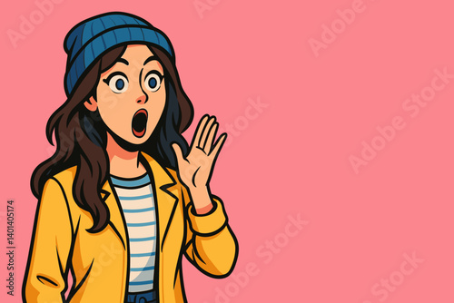 Young woman surprised and shouting against a pink background  
