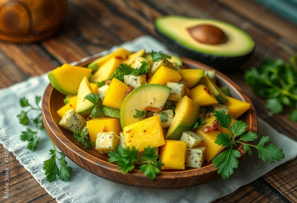 Mango-Avocado Salad on a wooden plate Mango-Avocado Salad on a wooden plate