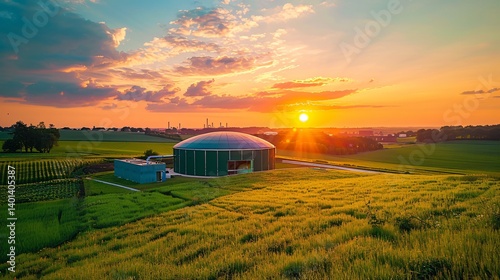 Sunset Over Rural Biogas Plant and Fields of excellence in splendor beyond compare with grace