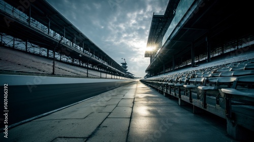 Empty Indianapolis Motor Speedway Racetrack with Grandstands on a Cloudy Day