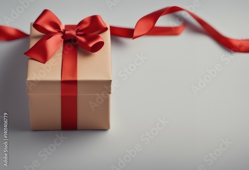 broun paper ribbon red satin lay gift box bow flat bannr background valentine holiday banner merry luxury copy space present happy decoration new year celebration package surprise christmas colours