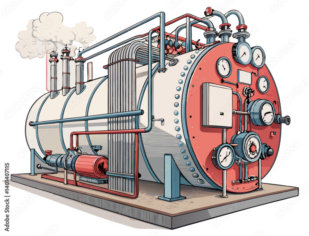 Vector illustration of an industrial boiler with pipes and pressure gauges, isolated on white background.
