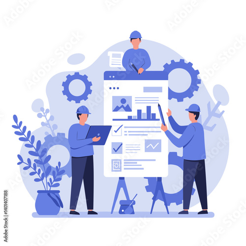 Construction team planning project with charts and gears background  
