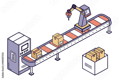Vector of a conveyor belt with boxes moving through automated machines, isolated on white background.
