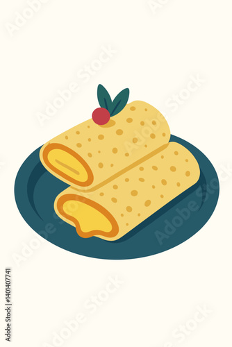 Cheese Blini on a Blue Plate with Green Leaf and Berry  