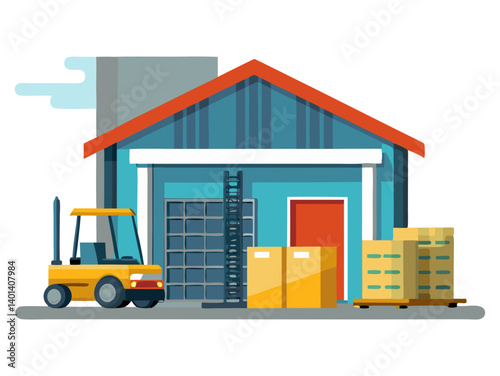 Vector illustration of a warehouse with loading dock, pallets, and forklift, isolated on white background.

