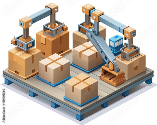 Vector of boxes being packaged by robotic arms on a production line, isolated on white background.
