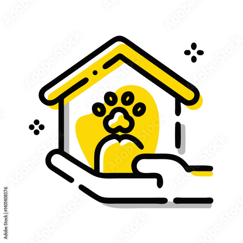 Animal shelter icon with hand supporting house and paw print, copy space