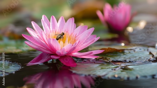 Wallpaper Mural Bee on Pink Lotus Flower in Pond Water Lily Reflection Torontodigital.ca