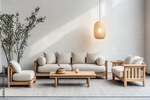 Minimalist Scandinavian Living Room with Wooden Furniture and Cozy Decor. photo