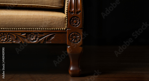 Antique chair detail with intricate carvings on a dark background  