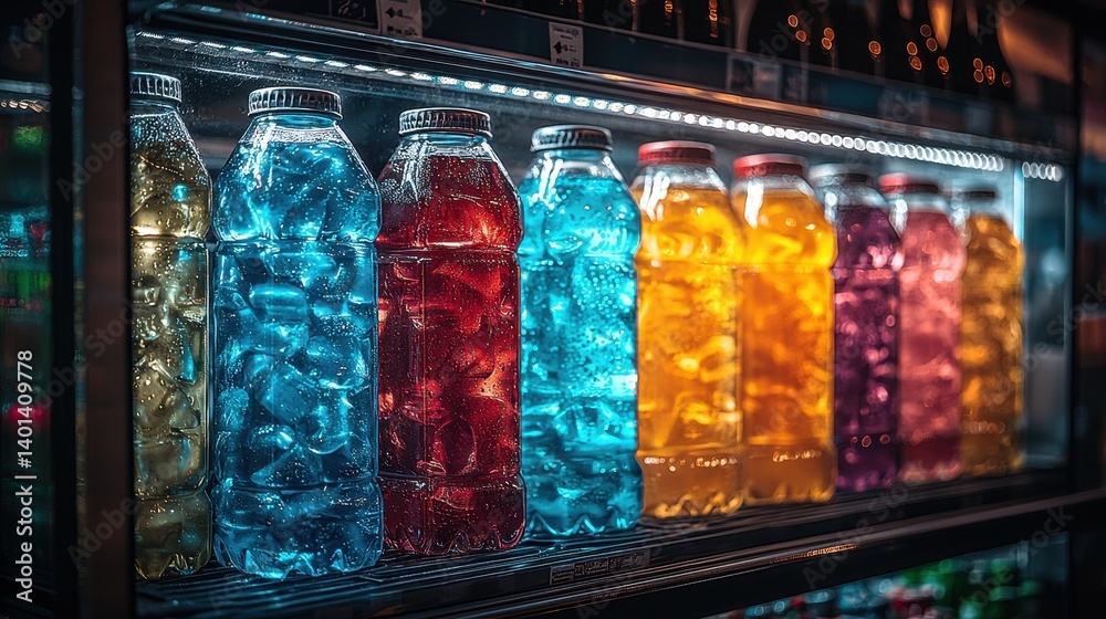 An array of colorful beverage bottles in a fridge. The vivid colors of the drinks attract attention. Perfect for refreshing hydration choices. An array of colorful beverage bottles in a fridge. The vivid colors of the drinks attract attention. Perfect for refreshing hydration choices.