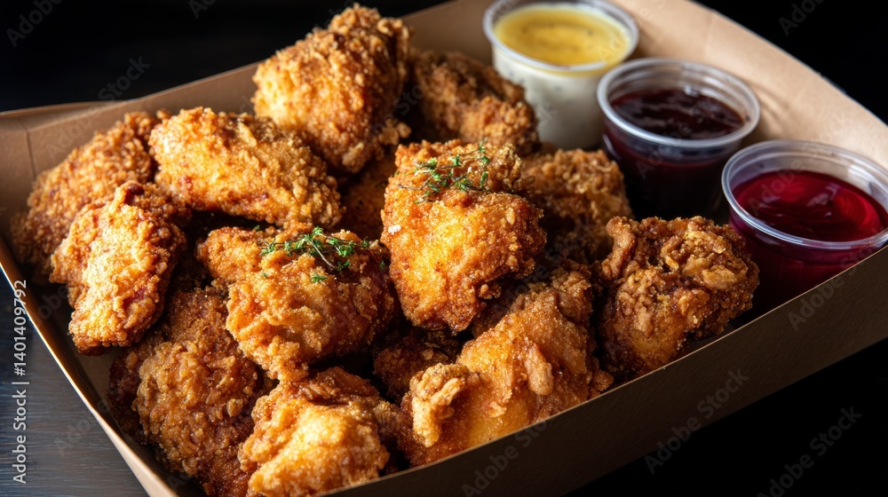 Crispy Fried Chicken Bites with Assorted Dipping Sauces in a Tray Crispy Fried Chicken Bites with Assorted Dipping Sauces in a Tray