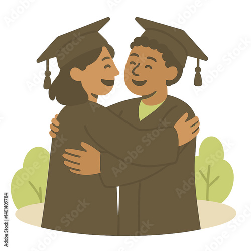 Graduates celebrating achievement with joyful embrace in nature  