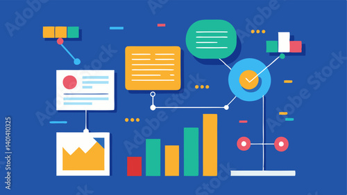 Market Analysis Layers Layers of information represented as horizontal bands filled with data over which an AI figure scans and summarizes key insights showcasing its ability to p