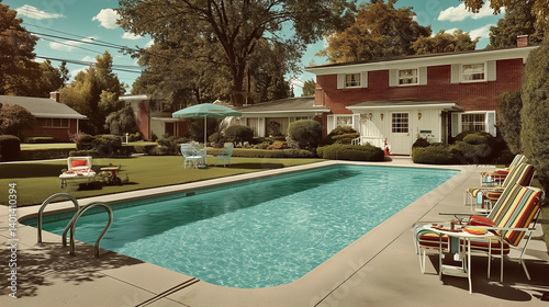 Extérieur d'une maison américaine des années 1970 avec piscine rétro et jardin d'été