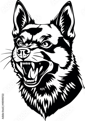 Outline Schipperke snarling. Small yet intense dog in monochrome vector style.