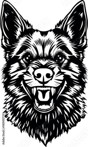 Outline Schipperke snarling. Small yet intense dog in monochrome vector style.