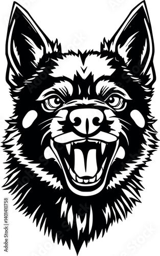 Outline Schipperke snarling. Small yet intense dog in monochrome vector style.