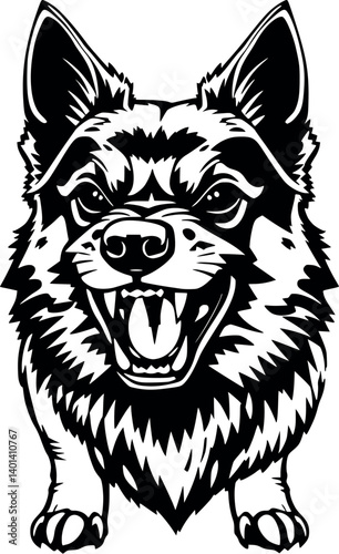 Outline Schipperke snarling. Small yet intense dog in monochrome vector style.