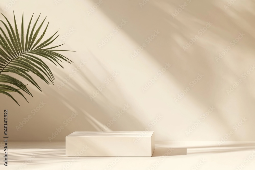 Minimalist beige display podium with tropical palm leaf, sunlit studio Minimalist beige display podium with tropical palm leaf, sunlit studio