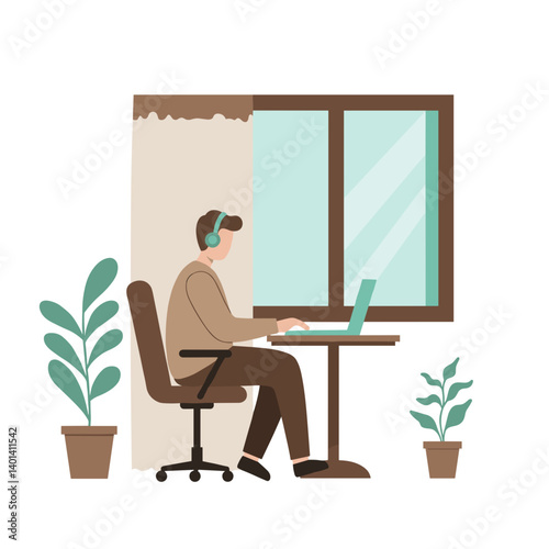 Person working remotely at a desk by a window with plants  