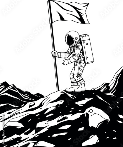 Outline astronaut planting flag. Vector space exploration illustration in minimalist line art.
