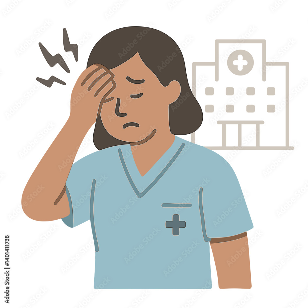 Nurse showing stress in front of hospital background Nurse showing stress in front of hospital background